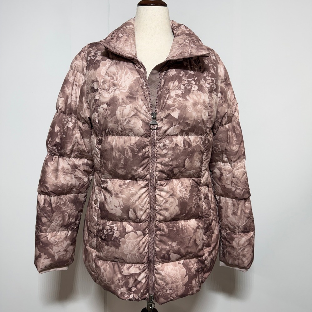 Athleta Down Fill Puffer Jacket Women XLT Mauve Floral Downtown Jacket Tall